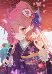 Rule 34 | 1girl, :t, absurdres, animal, blue bow, blush, bow, chameleon, closed mouth, commentary request, eating, fang qiao, flower, food, food on face, hair between eyes, hair bow, hair flower, hair ornament, heart, heart hair ornament, highres, holding, holding food, holding umbrella, japanese clothes, kimono, long hair, long sleeves, looking at viewer, neneka (new year) (princess connect!), neneka (princess connect!), obi, oil-paper umbrella, petals, pink hair, pointy ears, ponytail, princess connect!, purple kimono, red eyes, red flower, red umbrella, sash, solo, umbrella, very long hair, white flower, wide sleeves