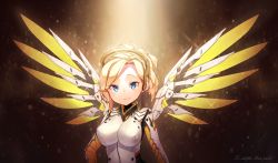 Rule 34 | 1girl, absurdres, armor, artist name, bad id, bad pixiv id, blonde hair, blue eyes, bodysuit, breastplate, breasts, emblem, eyebrows, goyain, halo, headgear, highres, large breasts, lips, looking at viewer, mechanical halo, mechanical wings, mercy (overwatch), overwatch, overwatch 1, ponytail, short hair, short ponytail, smile, solo, spread wings, upper body, wing print, wings, yellow wings