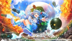 Rule 34 | 1girl, artist request, autumn, autumn leaves, blue eyes, blue footwear, blue hair, blue shirt, blue skirt, blush, boots, buttons, copyright notice, day, flat cap, green hat, hair bobbles, hair ornament, hat, highres, kawashiro nitori, missile, open mouth, propeller, river, rubber boots, shirt, short hair, short twintails, skirt, smile, solo, touhou, touhou danmaku kagura, twintails, white shirt