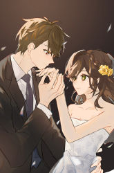 Rule 34 | 1boy, 1girl, absurdres, black jacket, black necktie, brown eyes, brown hair, closed mouth, collared shirt, dress, flower, formal, green eyes, hair flower, hair ornament, highres, holding hands, jacket, long hair, looking at another, luke pearce (tears of themis), necktie, rosa (tears of themis), shirt, short hair, smile, strapless, strapless dress, tartarduck, tears of themis, white dress, white shirt, yellow flower
