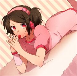 Rule 34 | 1girl, bad id, bad pixiv id, bed, brown hair, dress, female focus, food, fruit, headphones, indoors, lying, mouth hold, murakami yuichi, on stomach, red eyes, short hair, solo, strawberry, takane miru, twintails, utau, vocaloid