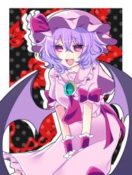 Rule 34 | 1girl, :d, bat wings, border, bow, dress, dress tug, fang, frilled bow, frilled dress, frills, green brooch, hair between eyes, hat, hat bow, mob cap, open mouth, pink dress, pink hair, pink headwear, red bow, red eyes, remilia scarlet, short hair, smile, touhou, tsugomori (remilia0398), white border, wings
