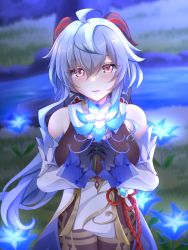 Rule 34 | 1girl, ahoge, bare shoulders, bell, black gloves, blue flower, blue hair, blush, breasts, chinese knot, detached sleeves, flower, flower knot, ganyu (genshin impact), genshin impact, glaze lily, gloves, gold trim, highres, holding, holding flower, horns, long hair, looking at viewer, medium breasts, momijizuki luna, neck bell, night, outdoors, purple eyes, sidelocks, smile, solo, thighlet, vision (genshin impact), white sleeves