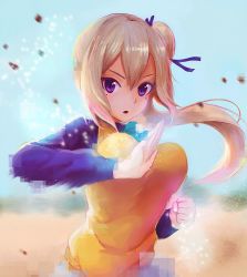 Rule 34 | 10s, 1girl, blonde hair, blue bow, blue ribbon, bow, breasts, clenched hand, collared shirt, hair between eyes, hair ribbon, highres, kawakami mai, large breasts, long hair, looking at viewer, mole, mole under eye, musaigen no phantom world, neck ribbon, open mouth, palm strike, purple eyes, purple shirt, purple sweater, qosic, ribbon, shirt, side ponytail, solo, sweater, sweater vest, yellow sweater