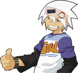 Rule 34 | 00s, 1boy, bracelet, buckle, clenched teeth, clothes writing, highres, jewelry, long sleeves, male focus, red eyes, shirt, solo, soul eater, soul evans, t-shirt, teeth, thumbs up, transparent background, upper body, white hair