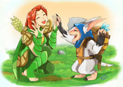 Rule 34 | 1girl, animal ears, armor, arrow (projectile), artist request, backpack, bag, barefoot, breasts, cape, cleavage, cleavage cutout, clothing cutout, dota (series), dota 2, closed eyes, grass, green scarf, leggings, meepo, open mouth, quiver, red hair, rock, scarf, shoulder pads, shovel, smile, tail, toeless legwear, windranger (dota), worktool