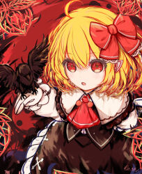 Rule 34 | 1girl, ascot, bird, black skirt, black vest, blonde hair, bow, commentary request, hair bow, highres, long sleeves, pointy ears, red ascot, red background, red bow, red eyes, ro.ro, rumia, short hair, skirt, touhou, vest