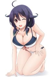Rule 34 | 1girl, ahoge, barefoot, bikini, breasts, cleavage, fuuma nagi, hair flaps, hair over shoulder, kantai collection, kneeling, large breasts, looking at viewer, low twintails, one eye closed, open mouth, purple hair, red eyes, simple background, smile, solo, swimsuit, taigei (kancolle), thigh gap, twintails, white background, white bikini