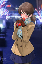 Rule 34 | 1girl, artist name, black gloves, black pantyhose, blue scarf, blue skirt, blurry, blurry background, blush, brown coat, brown eyes, brown hair, cityscape, coat, commentary, dated, depth of field, fringe trim, gift, girls und panzer, gloves, highres, holding, holding gift, kawanishi shinobu, long sleeves, looking at viewer, matsui yasutsugu, miniskirt, night, open mouth, outdoors, pantyhose, plaid, plaid scarf, pleated skirt, scarf, short hair, short ponytail, signature, skirt, smile, solo, standing, swept bangs, trench coat, valentine