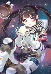 Rule 34 | 1girl, animal ears, animal print, armband, astronaut, black eyes, black hair, blunt bangs, blunt ends, blush, commentary, fake animal ears, floating, floating object, full moon, hair ornament, hairclip, helmet, highres, holding moon, long hair, looking at viewer, mechanical ears, moon, namori, nijisanji, no headwear, official alternate costume, open mouth, rabbit, rabbit ears, rabbit hair ornament, rabbit print, red armband, screen, smile, solo, space, space helmet, spacesuit, star (sky), star (symbol), starry background, triangle hair ornament, tsukino mito, tsukino mito (16th costume), twintails, virtual youtuber, x hair ornament