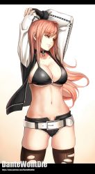 Rule 34 | 1girl, arms up, artist name, belt, belt buckle, bikini, bikini top only, black bikini, black choker, black gloves, black jacket, black thighhighs, breasts, brown eyes, brown thighhighs, buckle, choker, cleavage, closed mouth, commentary request, cowboy shot, dantewontdie, dead or alive, fingerless gloves, gloves, gradient background, honoka (doa), jacket, large breasts, long hair, long sleeves, looking away, looking to the side, navel, one side up, open clothes, open fly, open jacket, open shorts, patreon username, pink background, pink hair, short shorts, shorts, skindentation, smile, solo, stomach, stretching, sweat, swimsuit, thighhighs, torn clothes, torn thighhighs, underboob, watermark, web address, wet, white background, white sleeves