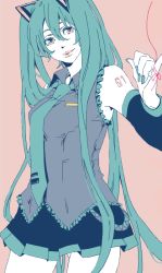 Rule 34 | 1girl, aqua hair, bad id, bad pixiv id, detached sleeves, female focus, flat color, hatsune miku, lips, long hair, necktie, pale color, pinky out, simple background, skirt, smile, solo, string, string of fate, twintails, very long hair, vocaloid