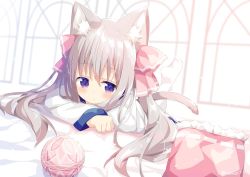 Rule 34 | 1girl, animal ear fluff, animal ears, ball, blurry, blurry background, cat ears, cat girl, cat tail, commentary request, depth of field, dress, frilled pillow, frills, grey hair, hair between eyes, hair ribbon, indoors, long hair, long sleeves, looking at viewer, lying, nakkar, no shoes, on stomach, original, pantyhose, pillow, pink ribbon, purple eyes, ribbon, sleeves past wrists, soles, solo, tail, white dress, white pantyhose, window