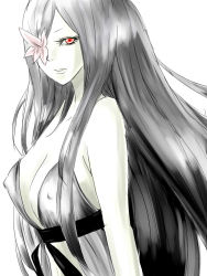 Rule 34 | 1girl, bare shoulders, black hair, breasts, cleavage, drag-on dragoon, drag-on dragoon 3, flower, long hair, pale skin, parted lips, red eyes, simple background, sleeveless, solo, upper body, warai otoko (warai otoko x), white background, zero (drag-on dragoon)