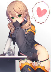 Rule 34 | 1girl, absurdres, alice gear aegis, arm support, black leotard, black thighhighs, blush, brown gloves, brown hair, closed mouth, commentary request, gloves, gluteal fold, gradient background, green eyes, grey background, groin, hair between eyes, hand up, heart, highres, kotomura amane, leotard, long hair, long sleeves, low twintails, puffy long sleeves, puffy sleeves, single sleeve, skindentation, smile, solo, spoken heart, tatapopo, thighhighs, twintails, white background
