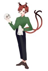 Rule 34 | 1boy, :d, absurdres, animal ear fluff, animal ears, black pants, cat ears, cat tail, full body, genderswap, genderswap (ftm), green shirt, highres, holding, holding skull, kaenbyou rin, looking at viewer, male focus, nekomata, open mouth, pants, shirt, simple background, skull, smile, solo, standing, tail, touhou, vuluhappy, white background