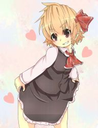 Rule 34 | 1girl, akatsuki no guuru, blonde hair, blouse, bow, buttons, clothes lift, collar, female focus, frilled shirt collar, frilled skirt, frills, head tilt, heart, highres, leaning forward, lifting own clothes, looking at viewer, multicolored background, plaid, red bow, red eyes, red neckwear, rumia, sexually suggestive, shirt, short hair, skirt, skirt lift, smirk, solo, touhou, white shirt