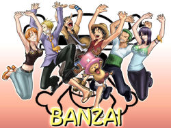 Rule 34 | 2girls, 5boys, armpits, arms up, black hair, blonde hair, breasts, cleavage, closed eyes, english text, engrish text, everyone, green hair, hat, jumping, kagami hirotaka, large breasts, long nose, monkey d. luffy, multiple boys, multiple girls, nami (one piece), necktie, nico robin, one piece, one piece: the giant mechanical soldier of karakuri castle, orange hair, pink hat, ranguage, roronoa zoro, sanji (one piece), scar, straw hat, tony tony chopper, usopp