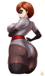 Rule 34 | 1girl, ass, ass focus, black pantyhose, bodysuit, breasts, brown hair, elastigirl, elbow gloves, from behind, gloves, helen parr, highres, jmg, large breasts, mature female, pantyhose, short hair, simple background, skindentation, solo, the incredibles, thick thighs, thighhighs, thighs, tight clothes, white background