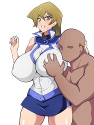 Rule 34 | 1boy, 1girl, annoyed, bald, bare shoulders, black undershirt, blonde hair, blue skirt, blue trim, blush, grabbing another&#039;s breast, breasts, brown eyes, clenched teeth, clothed female nude male, covered erect nipples, dark-skinned male, dark skin, dd (artist), faceless, faceless male, grabbing, head grab, hetero, highres, huge breasts, konami, lips, long hair, lower teeth only, miniskirt, nude, pink lips, shiny clothes, shiny skin, skirt, sweat, teeth, tenjouin asuka, thick thighs, thighs, upper body, upper teeth only, white background, yu-gi-oh!, yu-gi-oh! gx