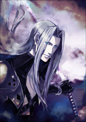 Rule 34 | 1990s (style), 1boy, final fantasy, final fantasy vii, grey hair, highres, kumo nokai, long hair, looking at viewer, male focus, sephiroth, solo, sword, weapon