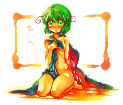 Rule 34 | 1girl, antennae, arai kuma, bad id, bad pixiv id, barefoot, blush, breasts, cape, covering privates, covering breasts, female focus, green eyes, green hair, matching hair/eyes, naked cape, nude, nude cover, seiza, short hair, sitting, small breasts, solo, touhou, wriggle nightbug