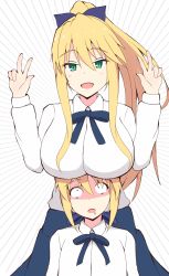 Rule 34 | 2girls, absurdres, artoria pendragon (all), artoria pendragon (fate), artoria pendragon (lancer) (fate), blonde hair, blue skirt, bow, breasts, commentary request, double w, emphasis lines, fate/grand order, fate/stay night, fate (series), green eyes, hair between eyes, hair bow, highres, large breasts, long hair, long sleeves, looking at viewer, mitchi, multiple girls, open mouth, ponytail, saber (fate), shirt, short hair, skirt, very long hair, w, white background, white shirt