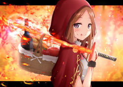Rule 34 | 1girl, :q, apple, basket, blood, blood from mouth, bottle, bread, capelet, chacha (fate), closed mouth, commentary request, fate/grand order, fate (series), fire, flaming sword, flaming weapon, food, forehead, fruit, hand up, highres, holding, holding sword, holding weapon, hood, hood up, hooded capelet, japanese clothes, katana, kimono, letterboxed, licking lips, light brown hair, long hair, monaka curl, parted bangs, red apple, red capelet, smile, solo, sword, tongue, tongue out, weapon, white kimono, wine bottle