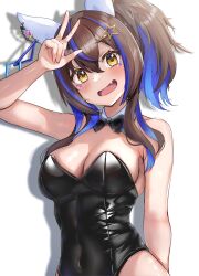Rule 34 | 1girl, absurdres, alternate costume, animal ears, arm at side, arm up, bare shoulders, black leotard, blue hair, blush, bow, bowtie, breasts, brown hair, chinese zodiac, cleavage, covered navel, daitaku helios (umamusume), detached collar, ear covers, fang, hair between eyes, hair ornament, hairclip, head tilt, highres, horse ears, leotard, long hair, looking at viewer, medium breasts, multicolored hair, nontraditional playboy bunny, open mouth, shadow, side ponytail, skin fang, smile, solo, two-tone hair, umamusume, upper body, w, yami anko, year of the rabbit, yellow eyes