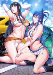 Rule 34 | 2girls, aqua eyes, armpits, arms behind head, black hair, blue eyes, blue hair, blunt bangs, boots, breasts, brown eyes, car, cleavage, clothes writing, cloud, company name, covered erect nipples, crop top, day, elbow gloves, empress (studio), fingernails, gloves, hair ribbon, halterneck, high collar, high heels, highleg, highleg panties, holding own arm, ikazaki reia, knee boots, kneeling, large breasts, lens flare, lips, long fingernails, long hair, microskirt, motor vehicle, multiple girls, nail polish, navel, official art, on floor, on ground, one side up, open mouth, orange eyes, outdoors, p/a: potential ability, p/a ~potential ability~, panties, pink nails, race queen, revealing clothes, ribbon, sarong, scan, sei shoujo, shoes, side slit, sideboob, sidelocks, skirt, sky, smile, sun, takajou yuna, umbrella, underboob, underwear, vehicle, very long hair, white gloves