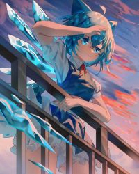 Rule 34 | 1girl, blue dress, blue hair, cirno, cloud, collared dress, dress, fairy wings, fence, hair ribbon, highres, ribbon, scenery, short hair, short sleeves, thighs, touhou, wings