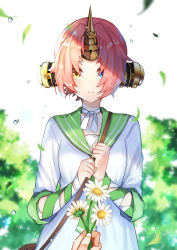 Rule 34 | 1girl, bag, blue eyes, blush, collarbone, dress, fate/grand order, fate (series), flower, frankenstein&#039;s monster (fate), giving, heterochromia, holding, holding flower, horns, leaf, looking at viewer, official alternate costume, parted lips, pink hair, pov, pov hands, short hair, shoulder bag, single horn, solo focus, water drop, white dress, yellow eyes, zonana