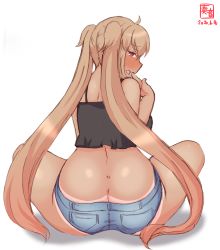 Rule 34 | 1girl, alternate costume, artist logo, ass, bikini tan, black camisole, blue shorts, butt crack, camisole, commentary request, dated, denim, denim shorts, frilled camisole, frills, from behind, highres, kanon (kurogane knights), kantai collection, light brown hair, long hair, looking at viewer, looking back, murasame (kancolle), red eyes, short shorts, shorts, simple background, sitting, solo, tan, tanline, twintails, white background