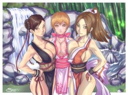 Rule 34 | 3girls, abs, bamboo, breasts, brown eyes, brown hair, capcom, chun-li, cleavage, crossover, dead or alive, dress, fatal fury, its just suppi, kasumi (doa), large breasts, long hair, multiple girls, ponytail, serious, shiranui mai, smile, snk, street fighter, tecmo, the king of fighters, toned, water, waterfall