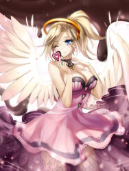 Rule 34 | 1girl, alternate wings, bad id, bad pixiv id, bare shoulders, blonde hair, blue eyes, breasts, chocolate, choker, cleavage, closed eyes, commentary, cowboy shot, dress, english commentary, gigamessy, halo, heart, high ponytail, holding, light particles, looking at viewer, mechanical halo, medium breasts, medium hair, mercy (overwatch), official alternate costume, overwatch, overwatch 1, pink dress, ponytail, sleeveless, smile, solo, strapless, strapless dress, valentine, wings