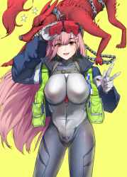 Rule 34 | 1girl, absurdres, ace combat, ace combat zero, blue bodysuit, blue jacket, bodysuit, earrings, galm team, girls&#039; frontline, hair ornament, hairclip, headset, highres, jacket, jewelry, kaicchi, long hair, long sleeves, mole, mole under eye, official alternate costume, open clothes, open jacket, pink hair, red eyes, sidelocks, sig mcx (crimson meteor) (girls&#039; frontline), sig mcx (girls&#039; frontline), solo, spade (shape), spade earrings, very long hair