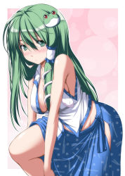 Rule 34 | 1girl, :o, armpits, bare arms, bare shoulders, blue skirt, blush, breasts, cleavage, commentary request, dressing, frog hair ornament, from side, green eyes, green hair, groin, hair ornament, hair tubes, highres, hip vent, japanese clothes, kochiya sanae, leaning forward, long hair, looking at viewer, looking to the side, medium breasts, midriff peek, miko, no bra, no panties, nori tamago, nose blush, shirt, sideboob, sidelocks, skirt, sleeveless, sleeveless shirt, snake hair ornament, solo, touhou, white shirt