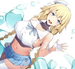 Rule 34 | 1girl, bikini, blonde hair, blue bikini, blue eyes, braid, braided ponytail, breasts, cleavage, fate/grand order, fate (series), fingerless gloves, gloves, hair between eyes, hat, jeanne d&#039;arc (fate), jeanne d&#039;arc (mystery treasure) (fate), jeanne d&#039;arc (ruler) (fate), large breasts, long hair, looking at viewer, miniskirt, mystery treasure, open mouth, seino (sasakike1305), simple background, skirt, smile, solo, swimsuit, thighhighs, twin braids, waving, white gloves, white hat, white thighhighs