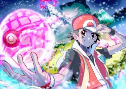 Rule 34 | 1boy, baseball cap, closed mouth, commentary request, creatures (company), dynamax ball, dynamax band, energy, fangs, game freak, gen 1 pokemon, gigantamax, gigantamax snorlax, glowing, glowing eyes, hand on headwear, hand up, hat, jacket, male focus, nintendo, noppe, pokemon, pokemon (creature), pokemon frlg, red (pokemon), red headwear, red jacket, shirt, short hair, short sleeves, sleeveless, sleeveless jacket, snorlax, strap, t-shirt, tree, vs seeker, wristband