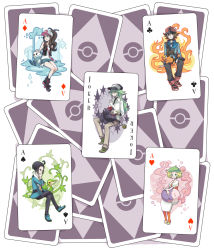 Rule 34 | 10s, 2girls, 3boys, ace (playing card), ace of clubs, ace of diamonds, ace of hearts, ace of spades, ahoge, bag, baseball cap, beret, bianca (pokemon), boots, card, card (medium), cheren (pokemon), club (shape), creatures (company), denim, denim shorts, diamond (shape), game freak, gen 5 pokemon, glasses, hat, heart, highres, hilbert (pokemon), hilda (pokemon), jacket, joker (playing card), looking away, multiple boys, multiple girls, munna, n (pokemon), nintendo, okabe, orange legwear, oshawott, pantyhose, playing card, pokemon, pokemon (creature), pokemon bw, shorts, shoulder bag, sitting, smile, snivy, spade (shape), starter pokemon trio, tepig, themed playing card, vest, zorua