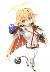 Rule 34 | 1girl, blonde hair, breasts, candy, cleavage cutout, clothing cutout, spiked halo, covered navel, eating, fingernails over gloves, food, guilty gear, guilty gear xrd, halo, highres, jack-o&#039; valentine, jewelry, large breasts, lollipop, looking at viewer, necklace, red eyes, smile, solo