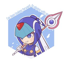 Rule 34 | 1girl, absurdres, armor, artist name, blue armor, blue eyes, blue helmet, blush stickers, chibi, commentary, english commentary, english text, fairy leviathan (mega man), fins, forehead jewel, head fins, helmet, highres, holding, holding polearm, holding weapon, mega man (series), mega man zero (series), over shoulder, polearm, solo, spear, tanewiii, upper body, water, weapon, weapon over shoulder