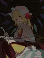 Rule 34 | 1girl, abstract background, ascot, bad id, bad twitter id, blonde hair, breasts, brown background, capelet, crystal, eyebrows hidden by hair, feet out of frame, flandre scarlet, hair between eyes, hat, highres, holding, holding quill, kusariuta, looking away, medium hair, mob cap, one side up, paper, parted lips, quill, red eyes, red skirt, red vest, sideways glance, simple background, sitting, skirt, skirt set, slit pupils, small breasts, solo, touhou, vest, white capelet, white hat, wings, writing, yellow ascot