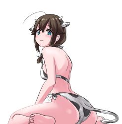 Rule 34 | 1girl, ahoge, animal ears, animal print, ass, barefoot, bikini, black hair, blue eyes, braid, cow ears, cow horns, cow print, cow tail, embarrassed, fake animal ears, fake horns, from behind, hair flaps, hair ornament, hair over shoulder, horns, kantai collection, long hair, looking at viewer, shigure (kancolle), shigure kai ni (kancolle), side-tie bikini bottom, simple background, single braid, sitting, solo, swimsuit, tail, tamu (mad works), wariza, white background, white bikini