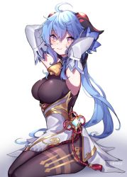 Rule 34 | ahoge, armpits, arms behind head, arms up, artist name, bell, black legwear, blue hair, blush, breasts, chinese knot, curled horns, detached sleeves, flower knot, ganyu (genshin impact), genshin impact, gold trim, highres, himey, horns, long hair, looking at viewer, low ponytail, medium breasts, neck bell, purple eyes, sitting, smile, tassel, thighlet, vision (genshin impact), white sleeves