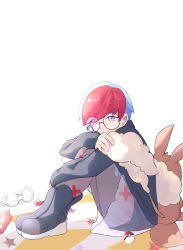 Rule 34 | 1girl, backpack, bag, black footwear, black hoodie, blue hair, boots, brown bag, closed mouth, commentary request, creatures (company), from side, full body, game freak, glasses, grey pantyhose, highres, hood, hoodie, looking to the side, multicolored hair, nintendo, pantyhose, penny (pokemon), poke ball, poke ball (basic), pokemon, pokemon sv, red hair, round eyewear, see-through, see-through skirt, shorts, shorts under skirt, sitting, skirt, smile, solo, two-tone hair, yu062424