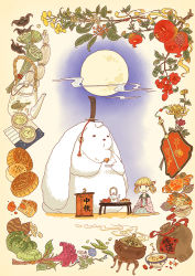 Rule 34 | 1girl, beans, blonde hair, blue eyes, braid, braided hair rings, cake, child, cloud, collarbone, crab, cup, dahuang, eating, food, fork, fruit, hair rings, hand fan, holding, holding fork, holding plate, looking at another, looking at viewer, mid-autumn festival, moon, mooncake, open mouth, original, plate, pomegranate, roots, seiza, short hair, sitting, smile, smoke, teapot, twin braids, yunomi