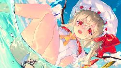 Rule 34 | 1girl, air bubble, akio hiiragi, ascot, bare legs, blonde hair, blue sky, bubble, cloud, commentary request, day, dutch angle, fangs, flandre scarlet, hat, hat ribbon, hiiragi akio, knees together feet apart, long hair, looking at viewer, mob cap, one-piece swimsuit, open mouth, outdoors, partially submerged, red eyes, ribbon, sitting, sky, slit pupils, smile, solo, summer, swimsuit, touhou, water, white hat, white one-piece swimsuit, wings, yellow ascot