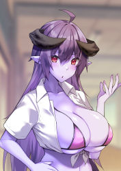 Rule 34 | 1girl, absurdres, ahoge, arunira, bikini, blouse, blush, breasts, brll, collared shirt, colored skin, demon horns, fingernails, hand on own hip, hand up, highres, horns, large breasts, long hair, looking at viewer, nail polish, original, parted lips, pink bikini, purple hair, purple nails, purple skin, shirt, swimsuit, tied shirt, white shirt, wing collar
