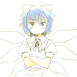 Rule 34 | 1girl, blue hair, blush, cirno, collared shirt, crossed arms, dress, looking at viewer, partially colored, pinafore dress, shirt, short hair, simple background, sleeveless, sleeveless dress, solo, touhou, white background, yudepii